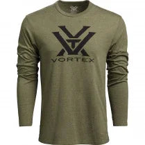Olive green Vortex long sleeve shirt with black logo on chest, front view