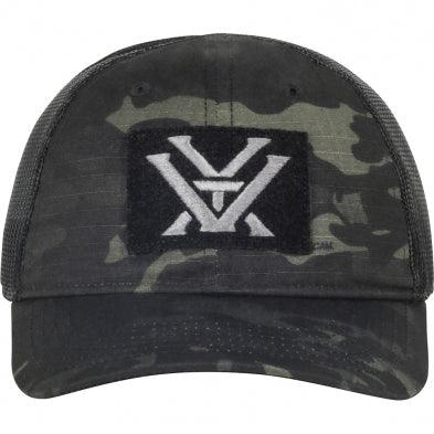 Black camo trucker hat with white Vortex Optics logo patch on front panel