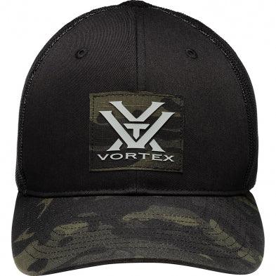 Black Vortex cap with mesh back and camouflage bill, Vortex logo patch on front