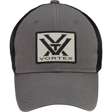 Gray Vortex logo trucker hat with mesh back and embroidered patch front