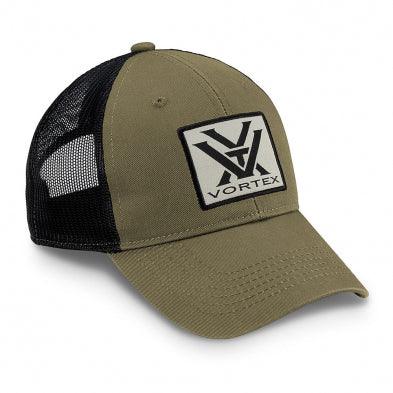 Olive green Vortex trucker hat with black mesh back and logo patch on front