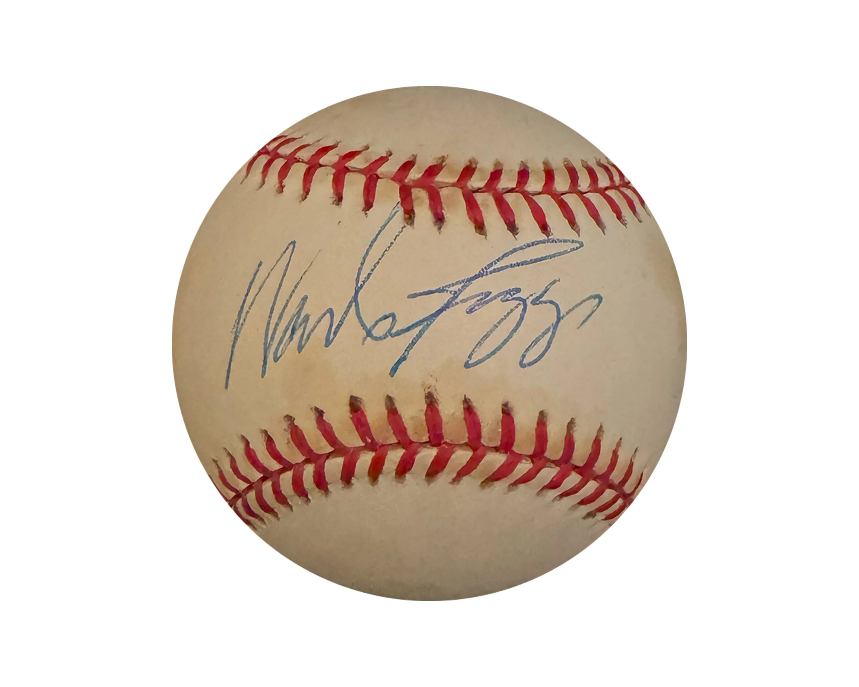Autographed baseball with visible signature and red stitching on white surface