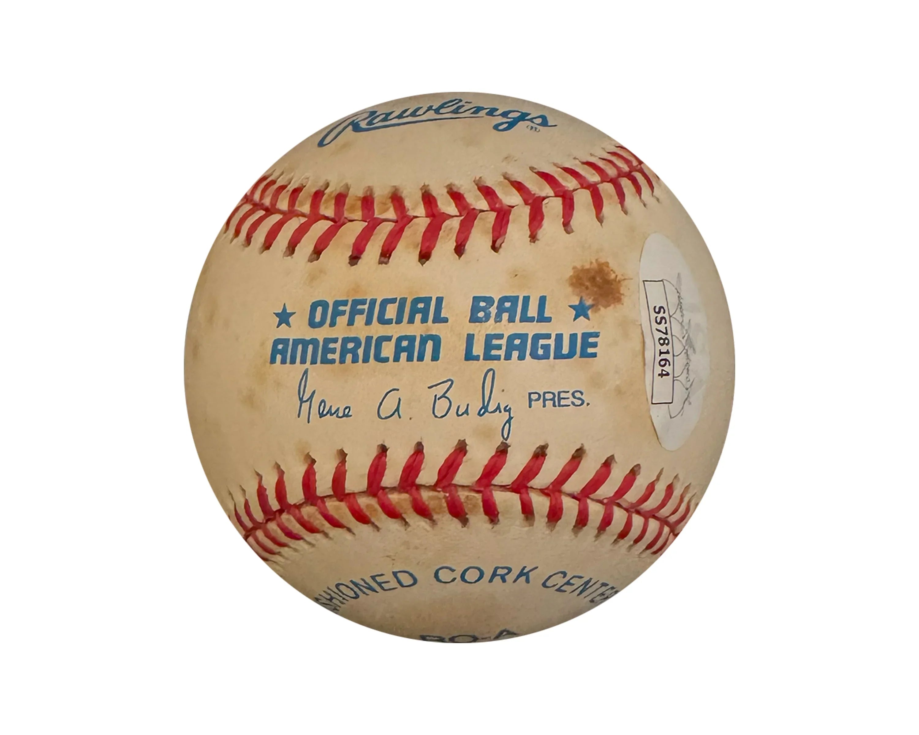 Official American League Rawlings baseball with red stitching, wear marks, and authentication sticker
