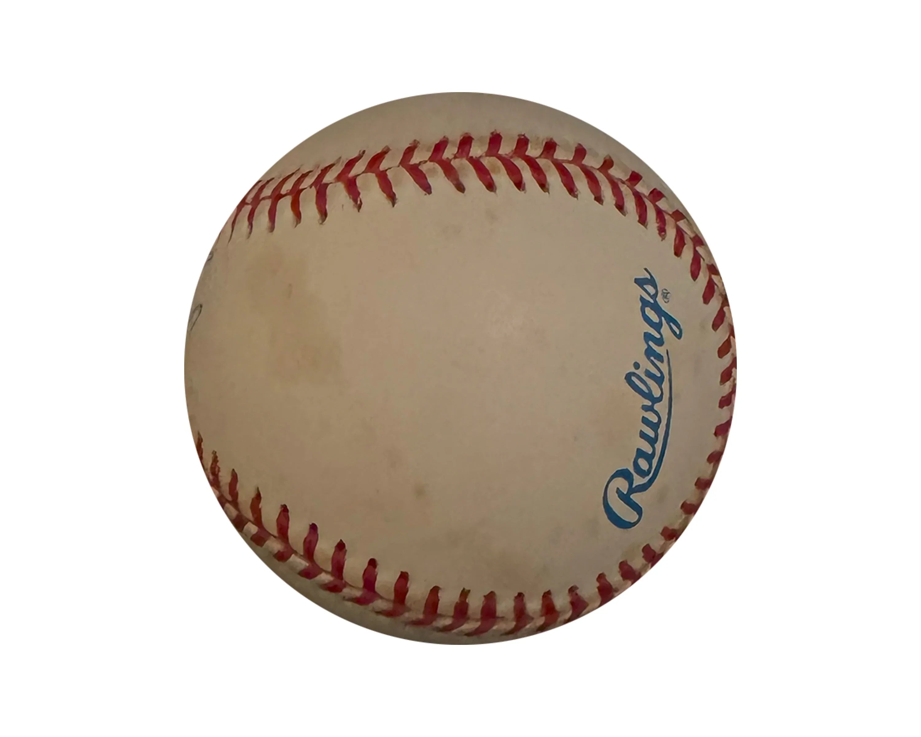Vintage Rawlings baseball with red stitching and visible toning on white background