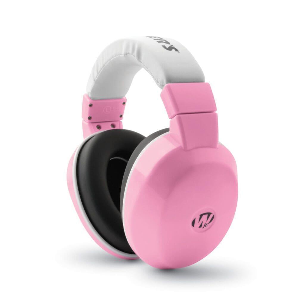 Pink and white over-ear headphones with cushioned headband on white background