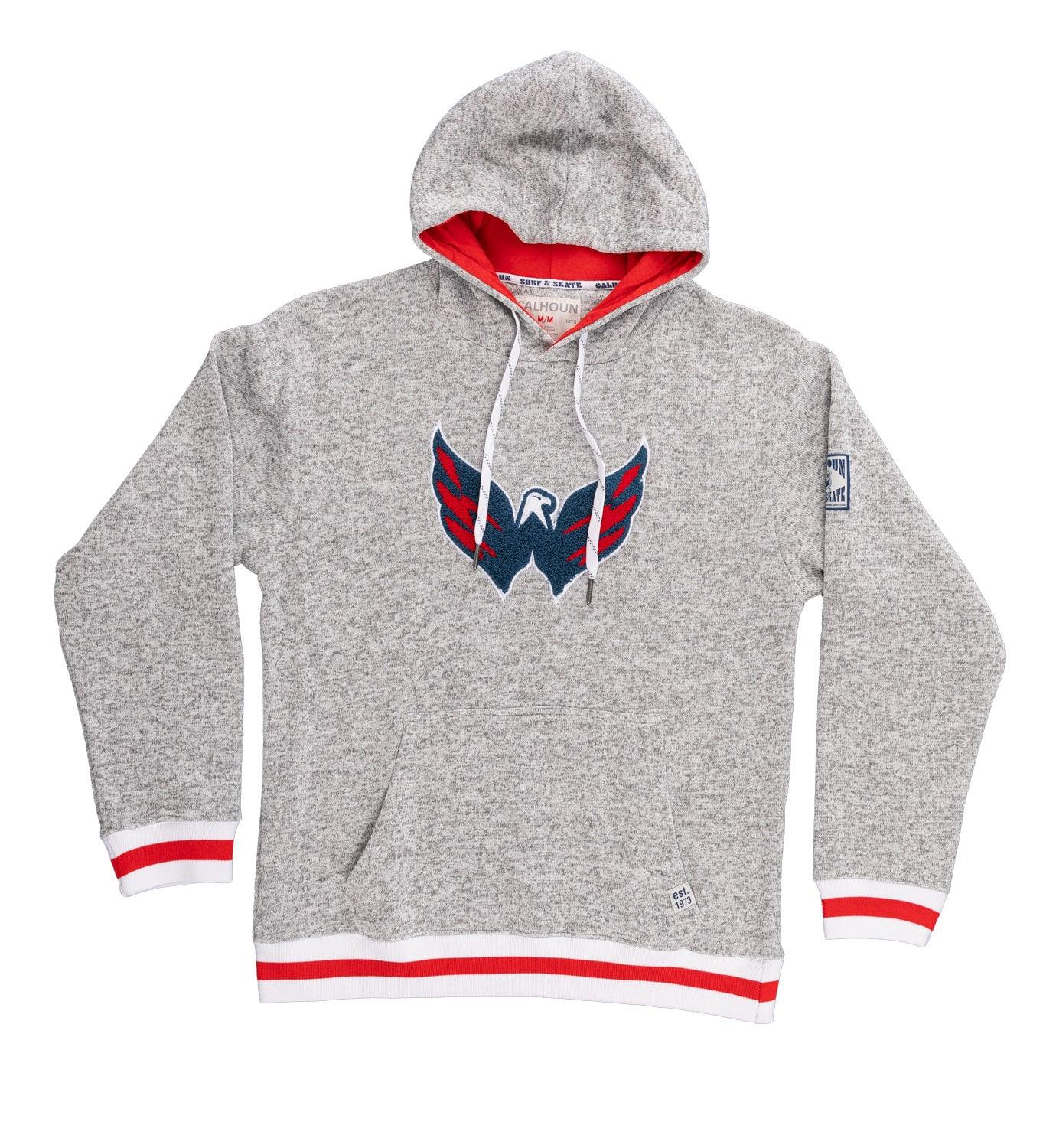 Gray hooded sweatshirt with red and blue eagle logo, red-lined hood, and striped cuffs