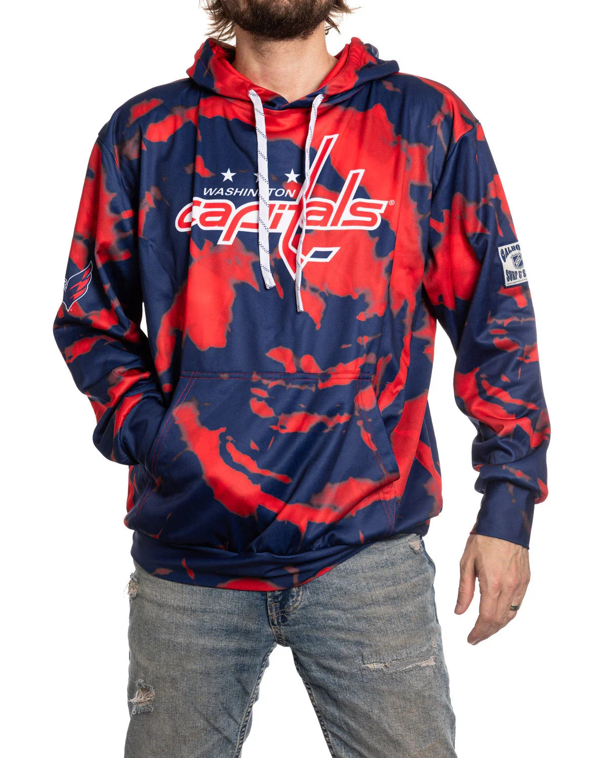 Washington Capitals blue and red sublimation hoodie with logo, worn by a man in jeans