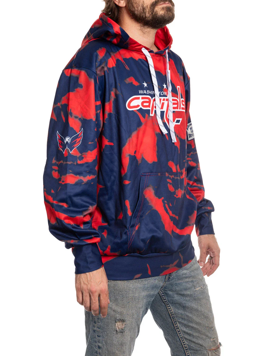 Man wearing a Washington Capitals red and navy sublimation hoodie with team logo and hood