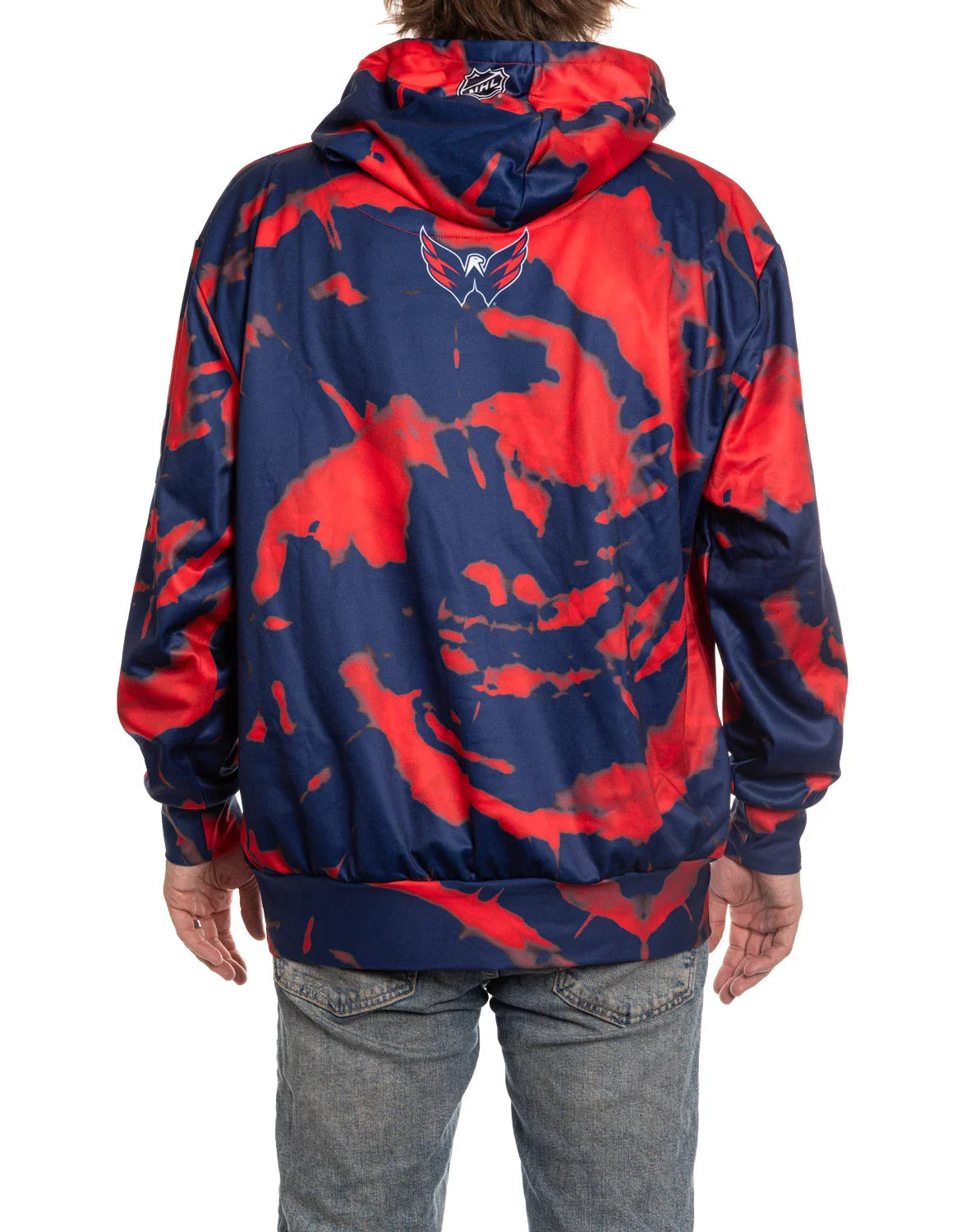 Back of Capitals sublimation hoodie in red and navy with team logo and hood, NHL fan apparel