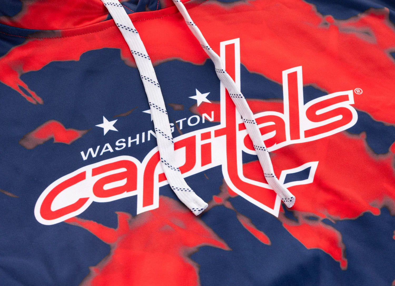 Washington Capitals sublimation hoodie with red and navy tie-dye and white drawstrings