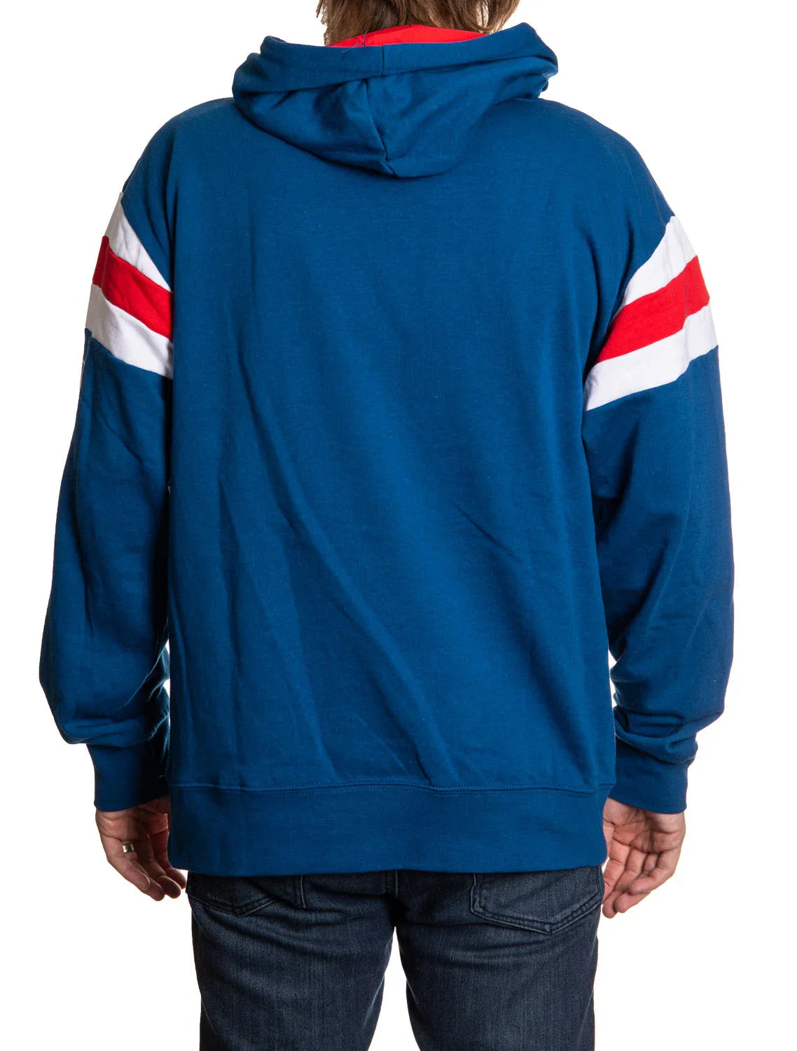 Back view of blue varsity hoodie with red and white stripes on sleeves, casual wear