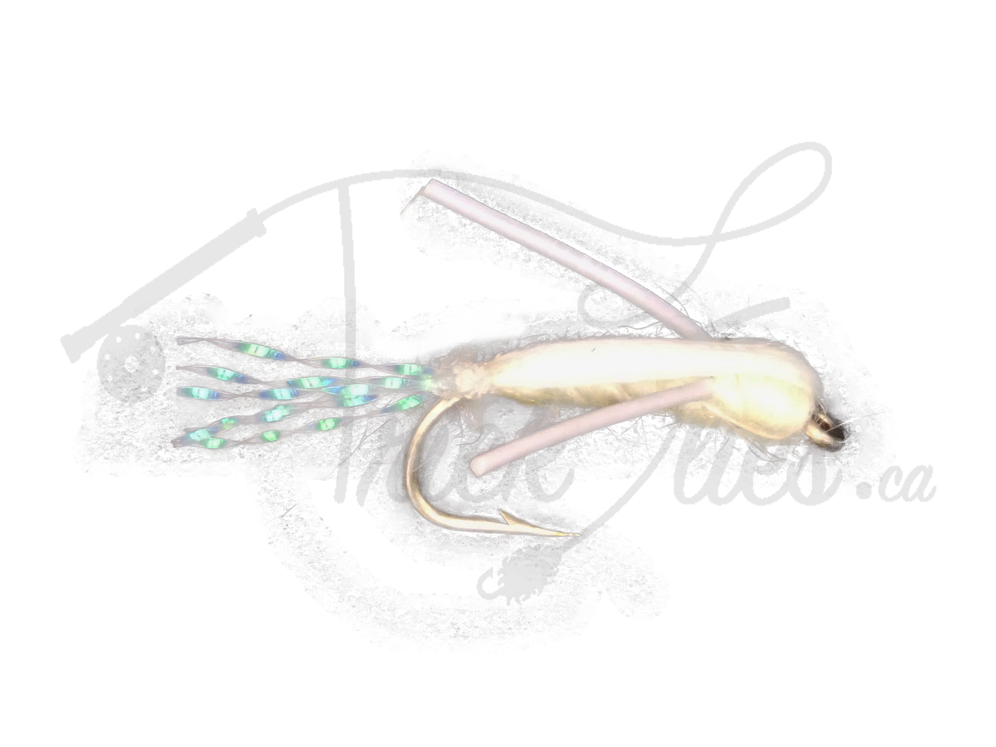 Water Boatman Cream fly fishing lure with iridescent tail and cream body on black background