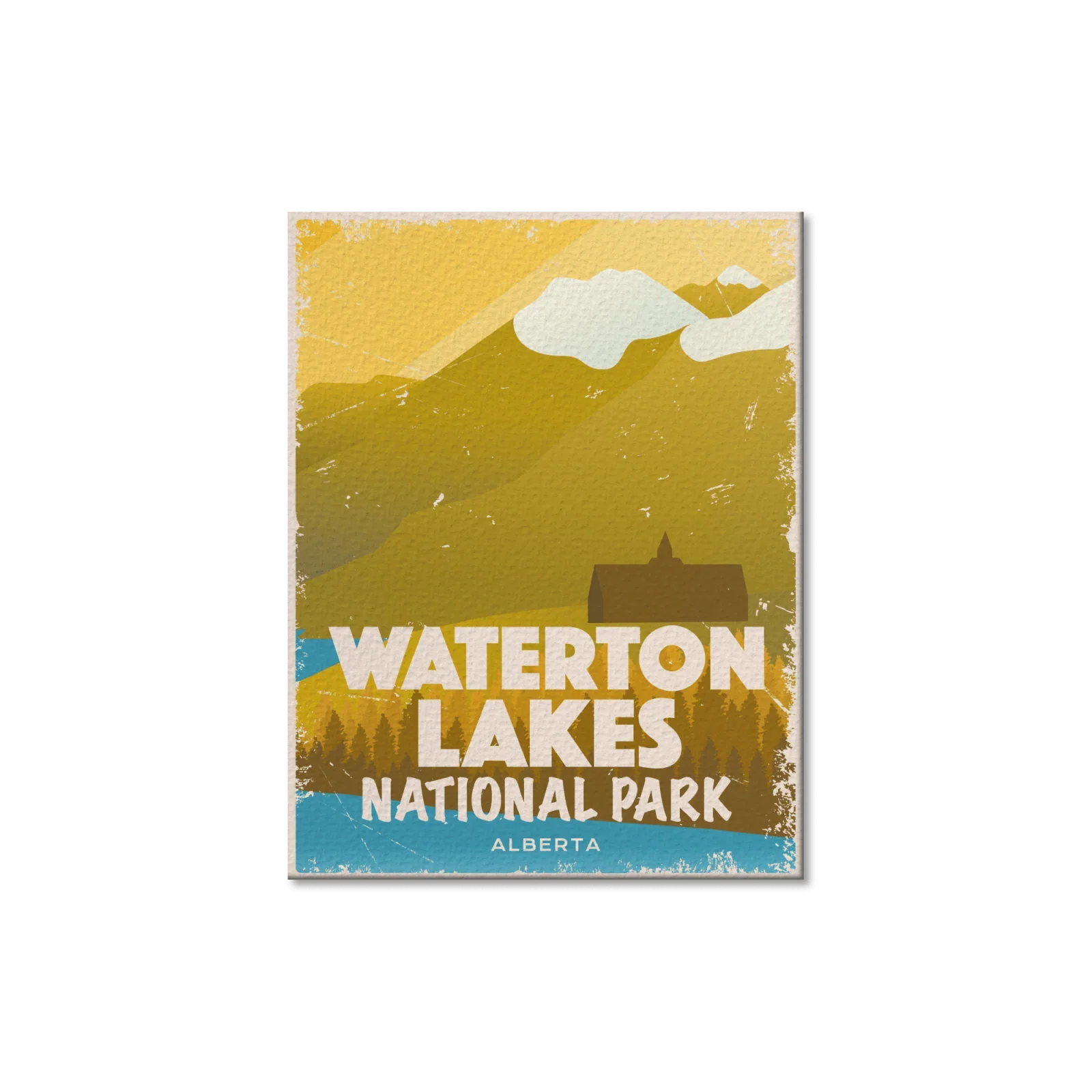Waterton Lakes National Park Alberta postcard with mountains, lake, and lodge illustration