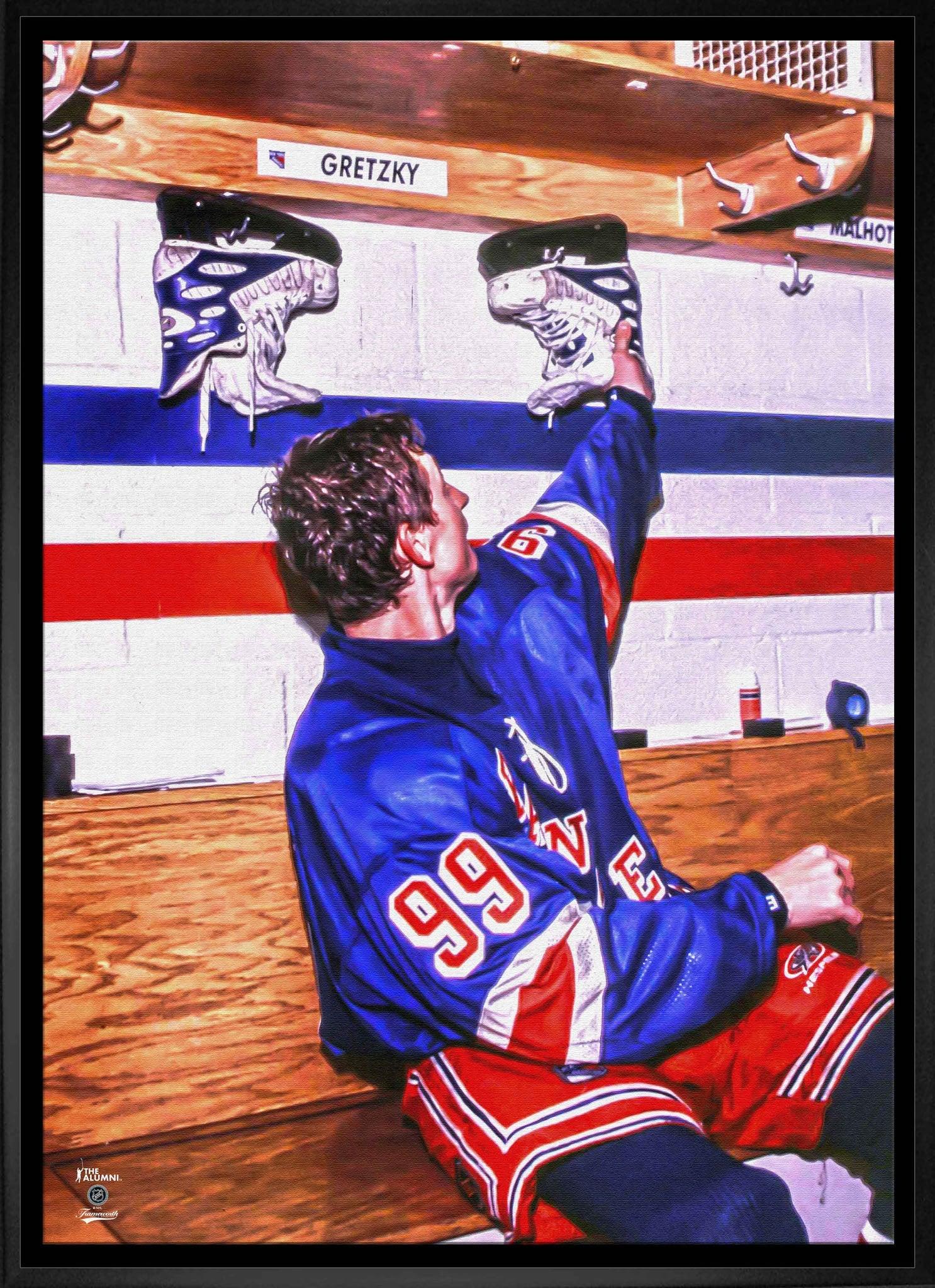 Hockey player in blue jersey number 99 reaches for skates in locker room under nameplate Gretzky