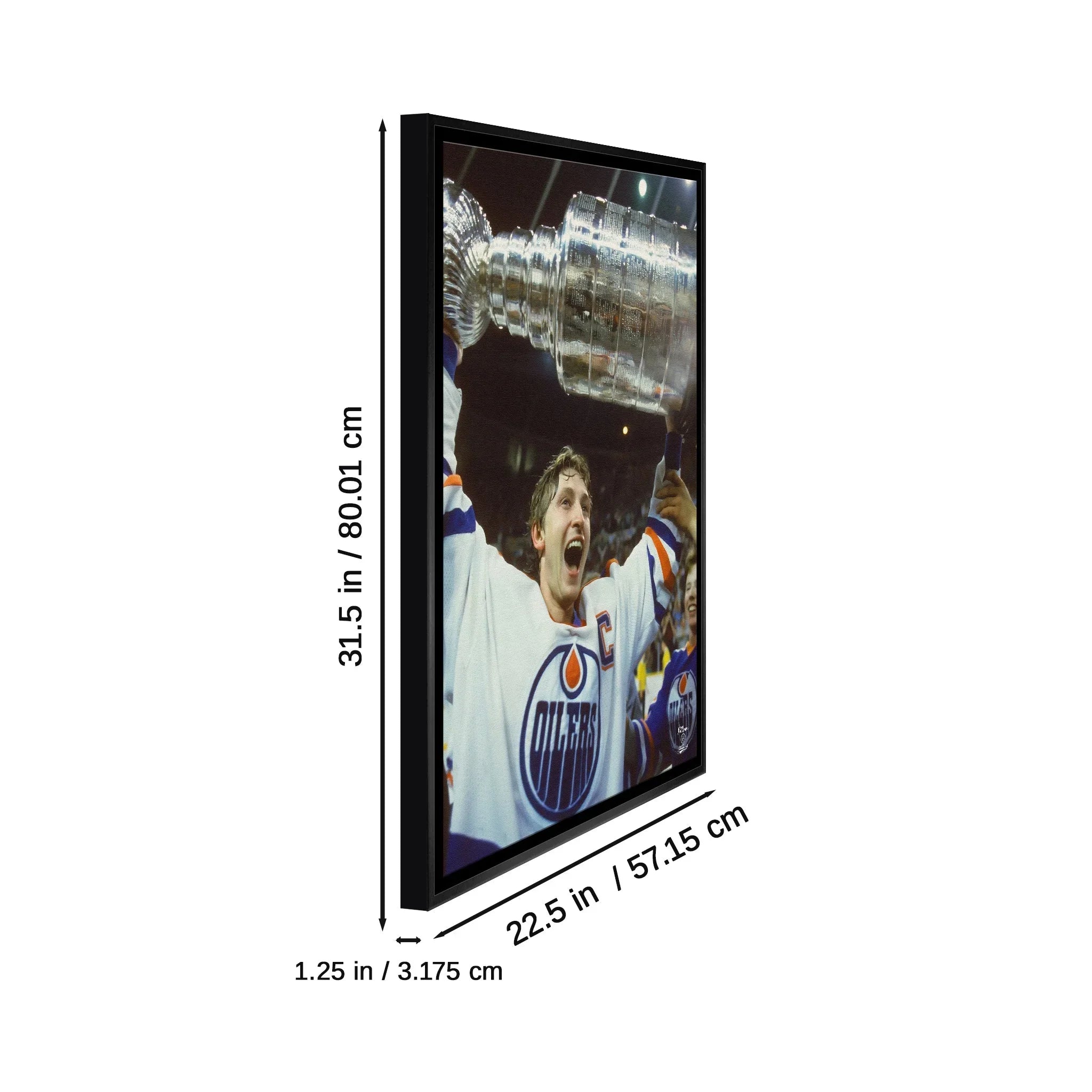 Framed Edmonton Oilers hockey player lifting Stanley Cup with size measurements