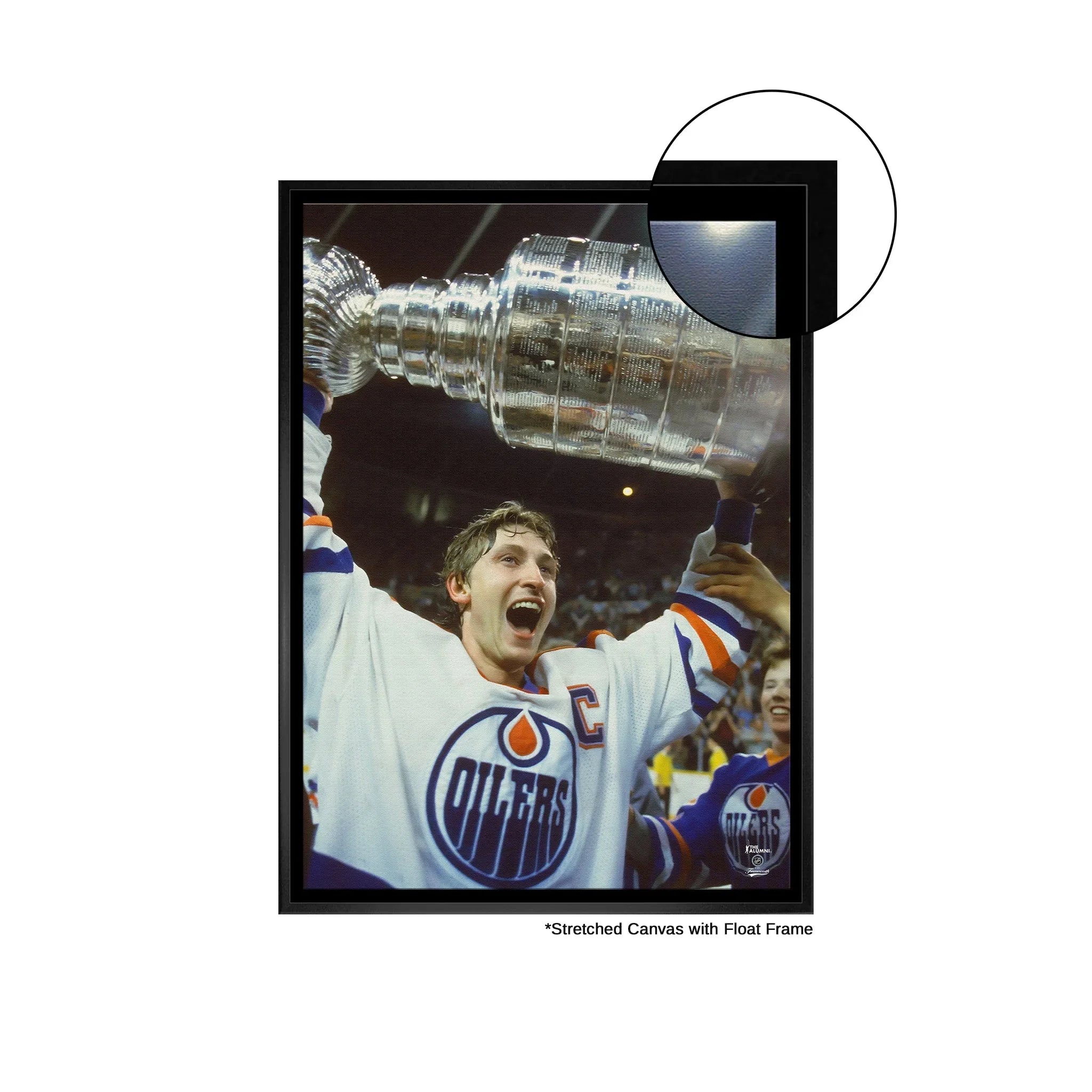Edmonton Oilers hockey player celebrating with Stanley Cup, canvas float frame detail