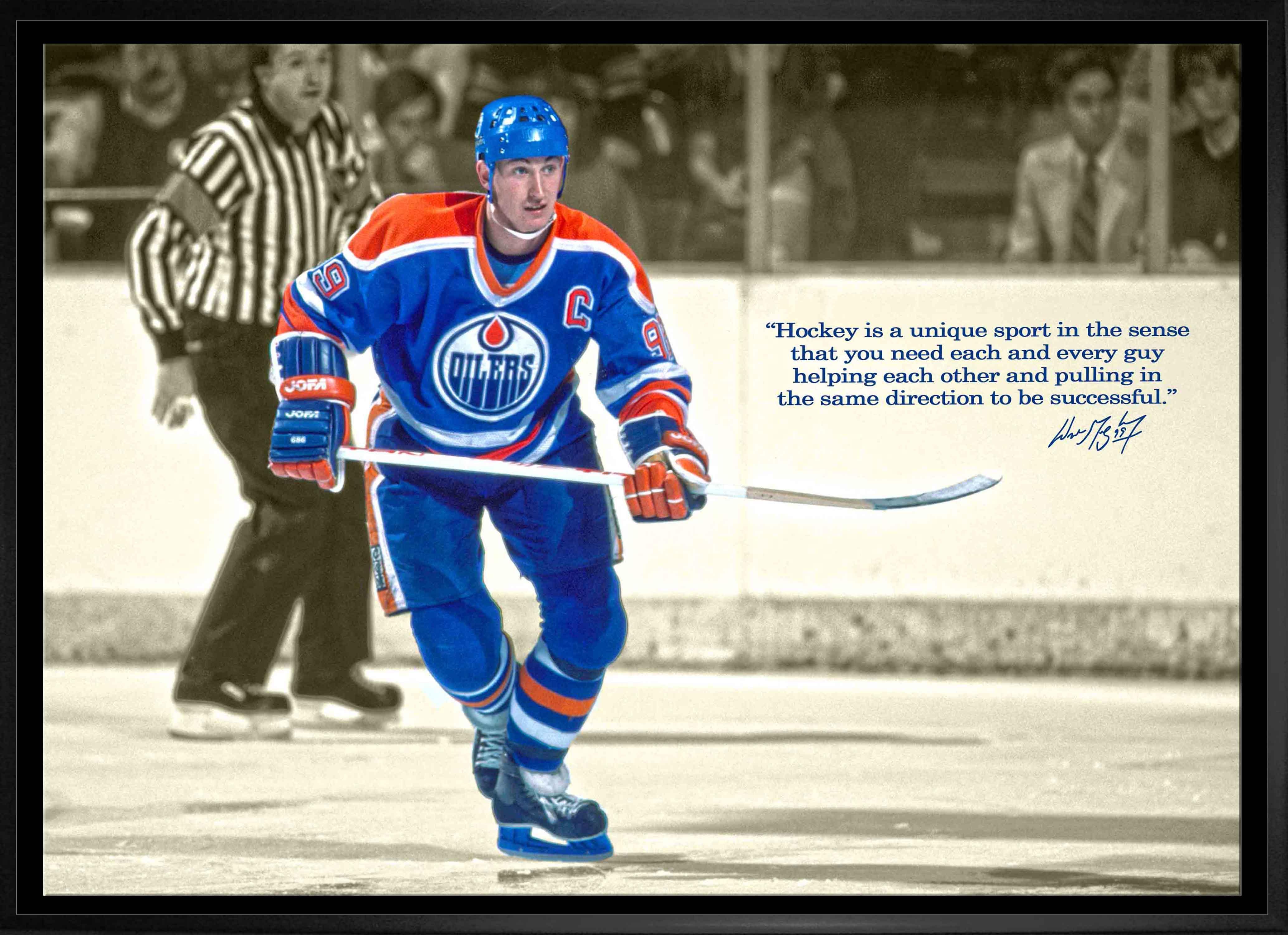 Edmonton Oilers hockey player in blue jersey skating on ice, framed with inspirational hockey quote.