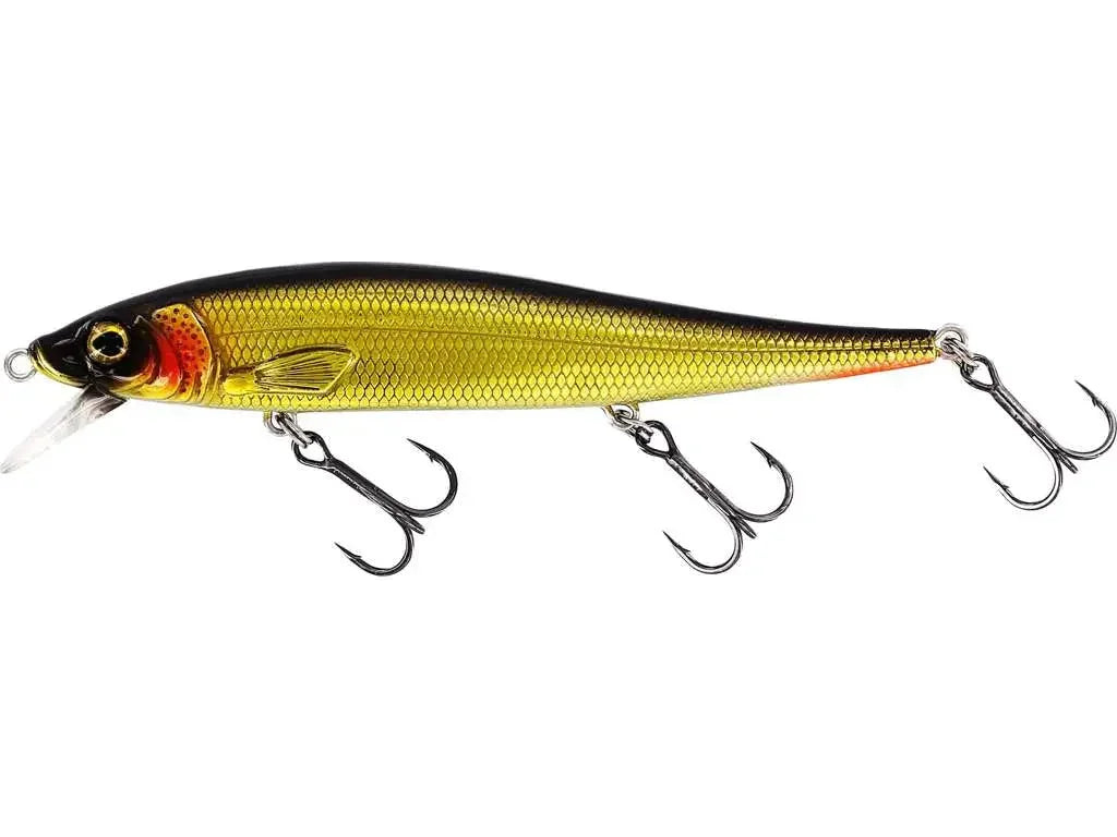 Gold chrome fishing lure with black top, red gill accents, and three treble hooks
