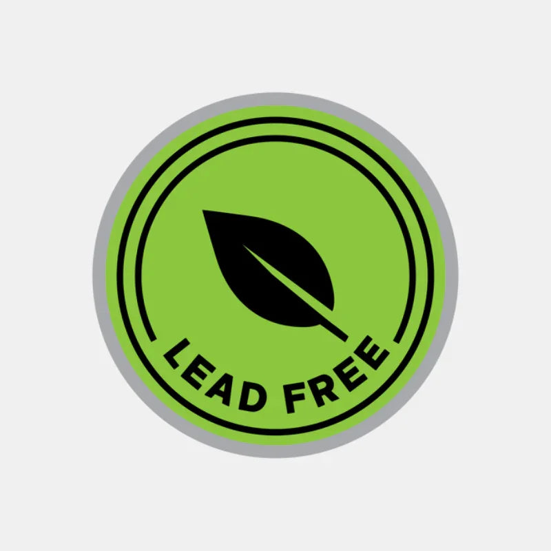Green circular lead free badge with black leaf icon and bold text on light background