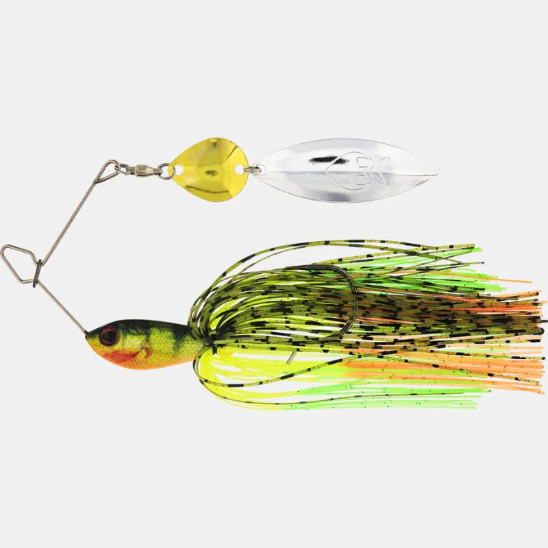 Westin Mvibe Pro Colorado Firetiger spinnerbait with yellow, green, orange skirt and dual blades