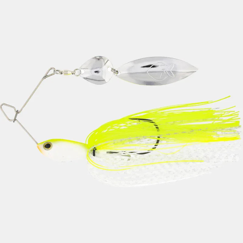 Chartreuse and white spinnerbait fishing lure with silver blades on white background