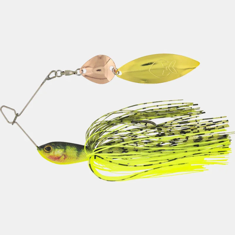 Chartreuse and black Westin Mvibe Pro Colorado Kaiko spinnerbait fishing lure on white background