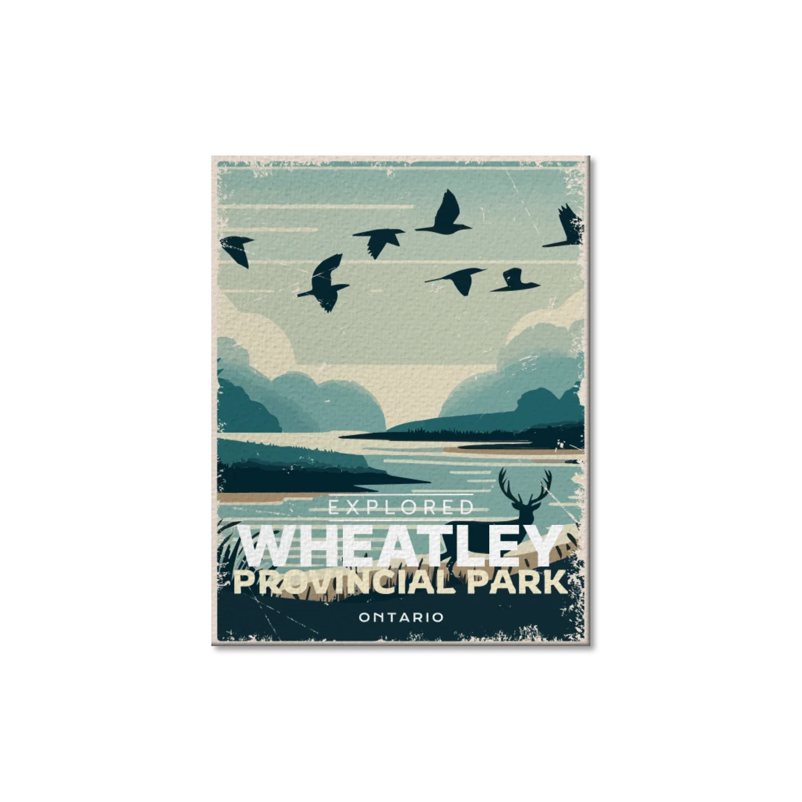 Wheatley Provincial Park Ontario postcard with flying birds, deer silhouette, lake and trees