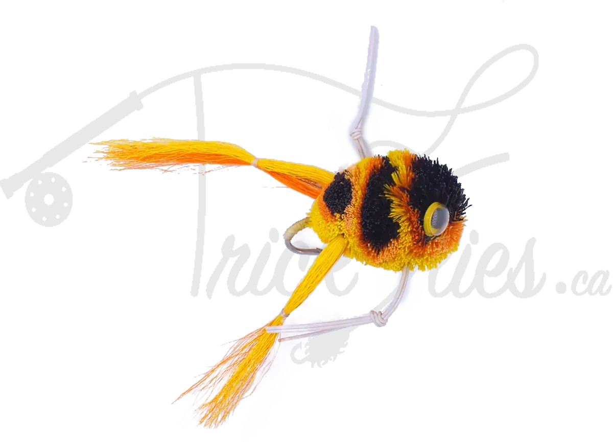 Yellow and black wiggle legged frog fishing lure with bushy body and striped pattern