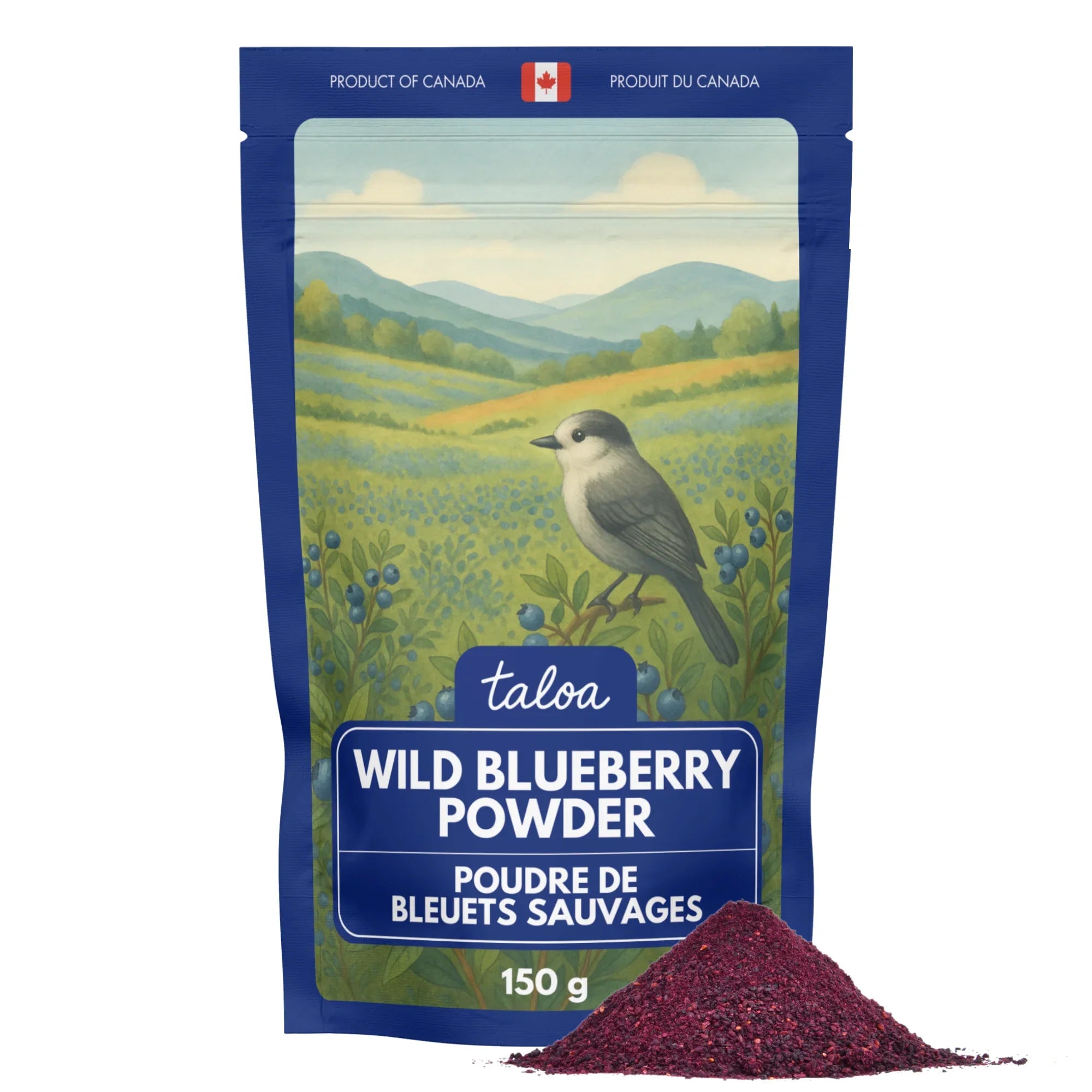 Taloa wild blueberry powder pouch with bird, mountain landscape, and powder pile, 150g
