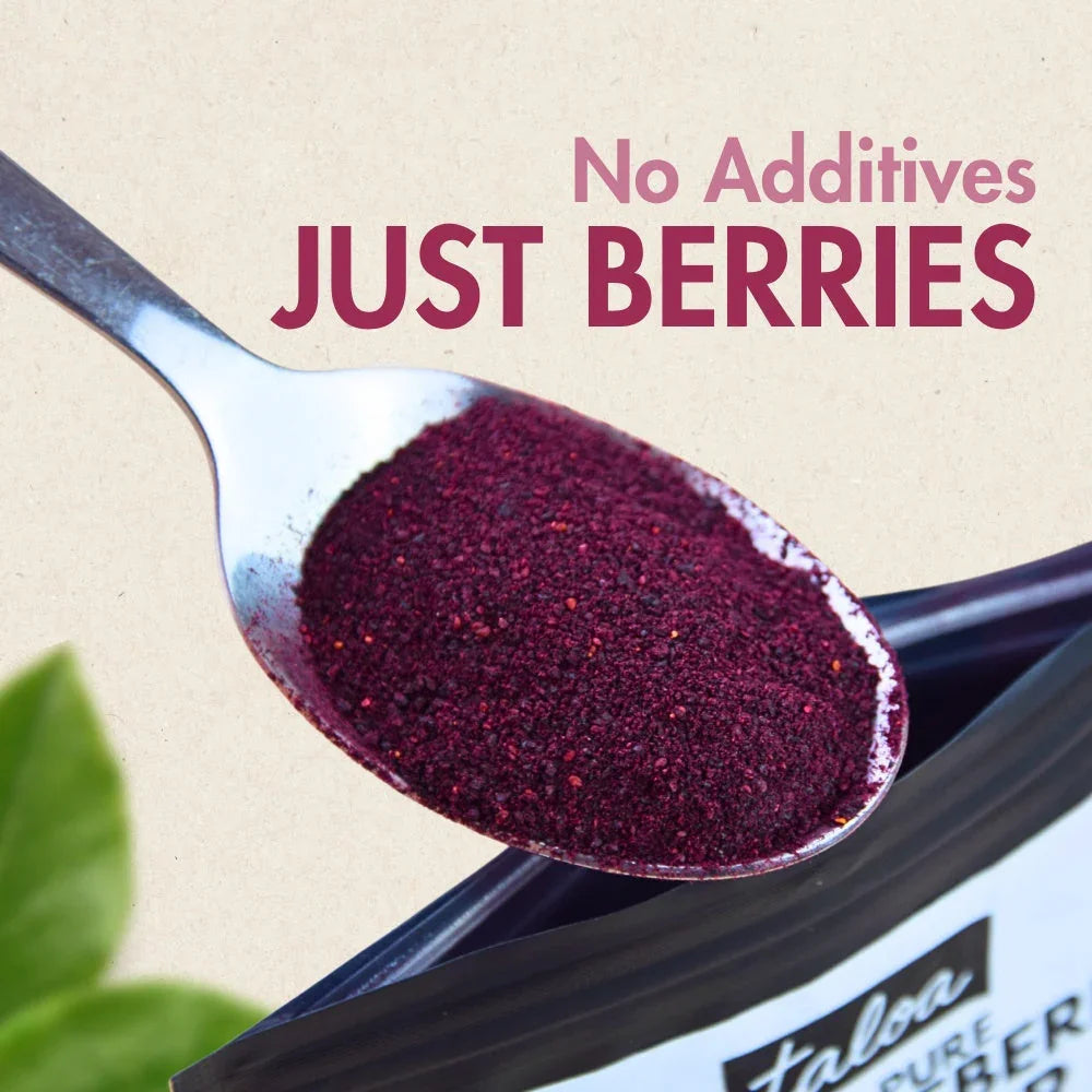 Spoonful of wild blueberry powder above product pouch with 'No Additives Just Berries' text