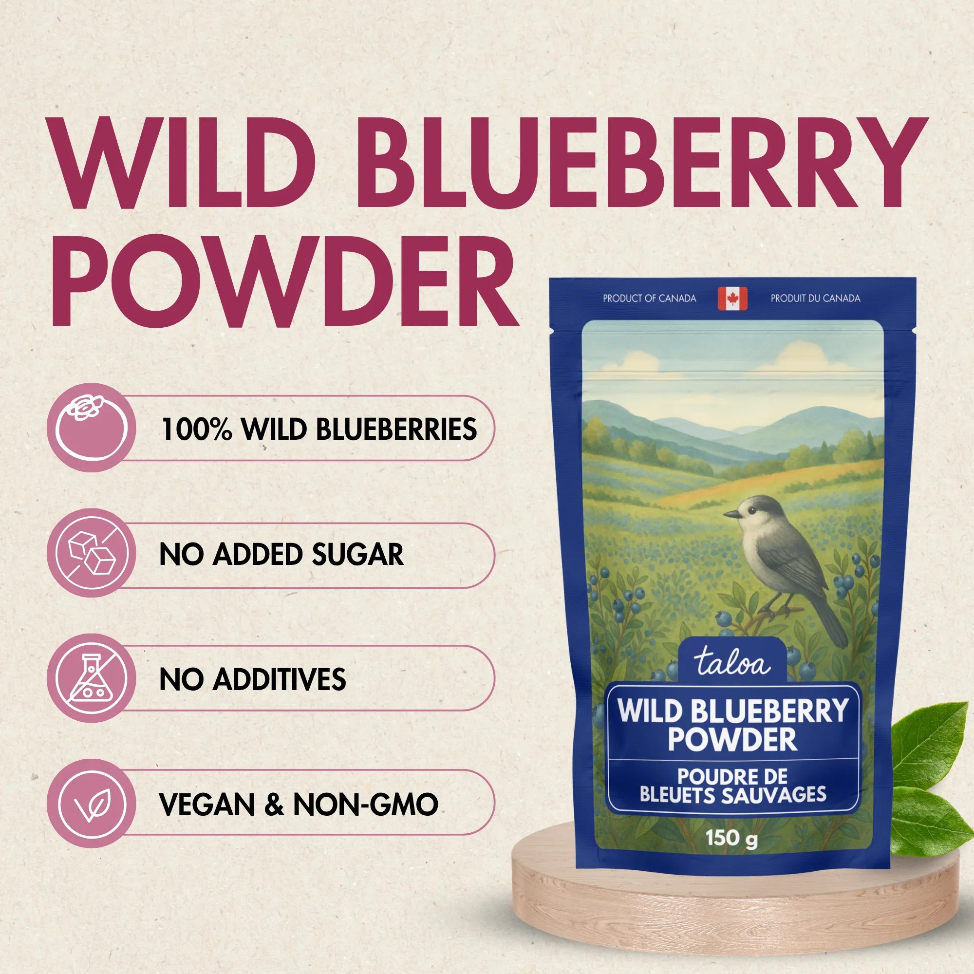 Wild Blueberry Powder 150g pouch with bird illustration, vegan, non-GMO, no additives or sugar
