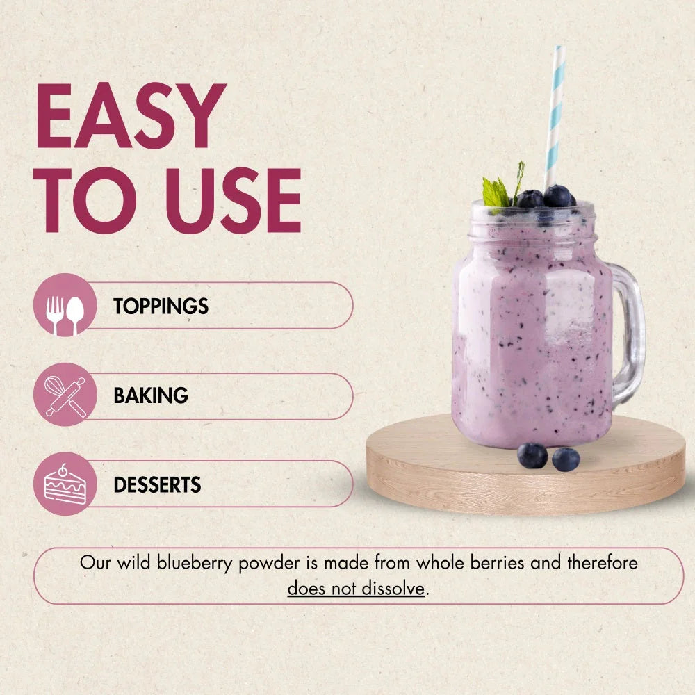 Wild blueberry powder smoothie in a mason jar with straw, fresh blueberries, and easy to use text.