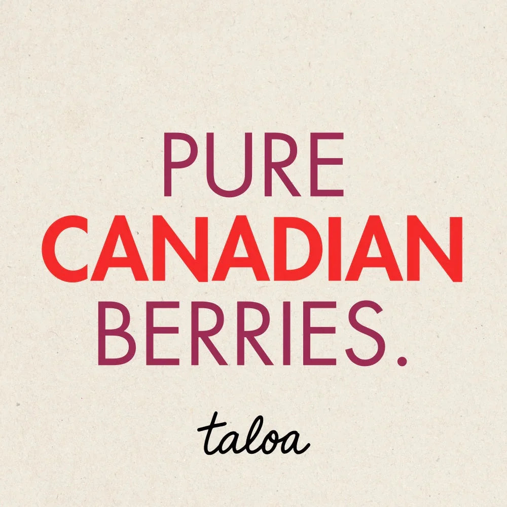 Pure Canadian berries text on beige background, taloa branding, simple design.