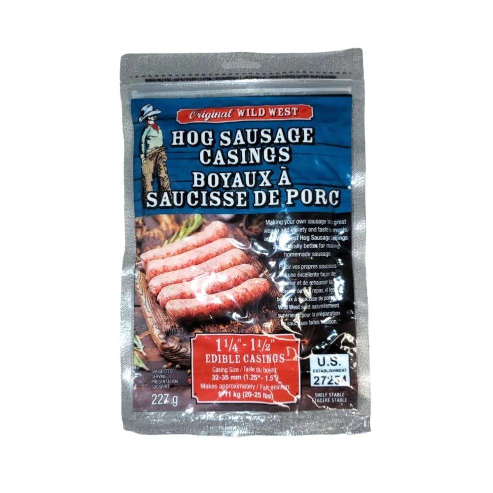 Original Wild West hog sausage casings package with sliced sausages and bilingual label