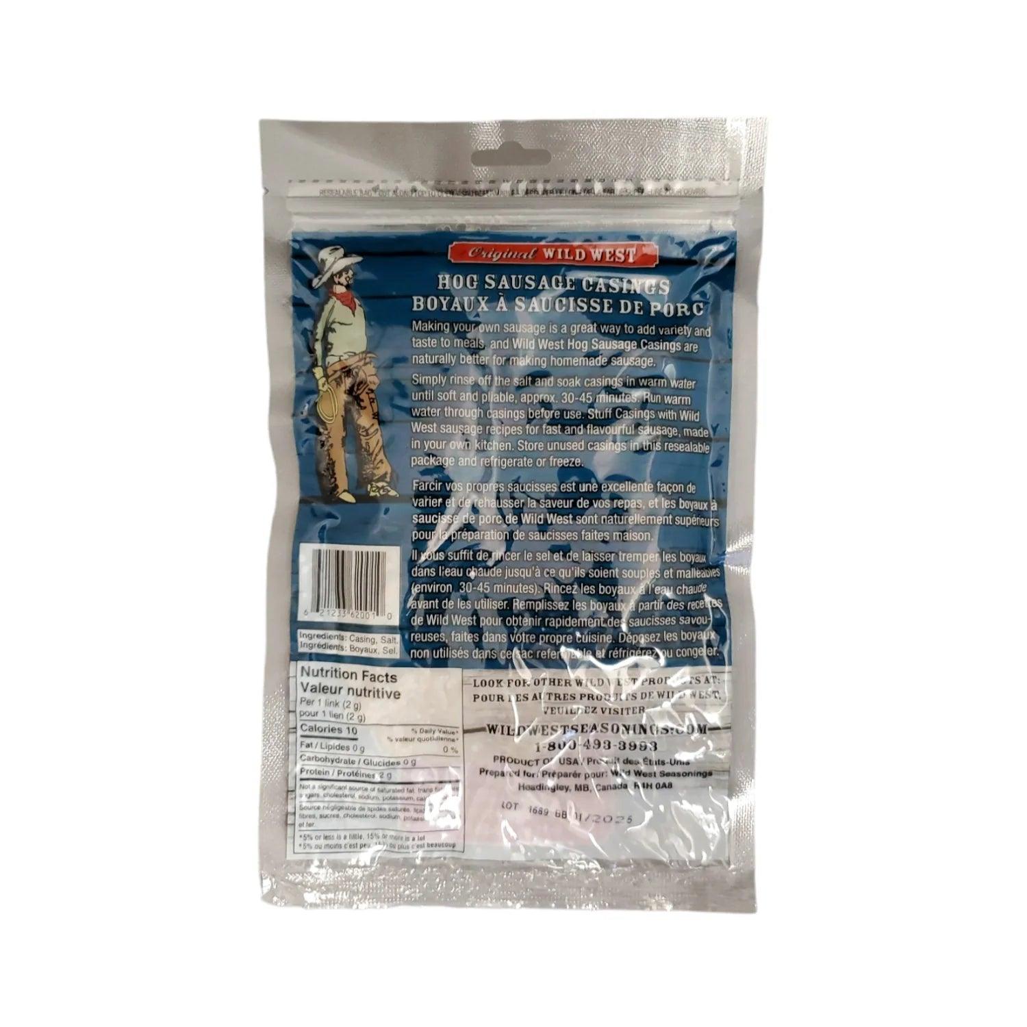 Wild West hog sausage casings packaging with instructions and cowboy illustration
