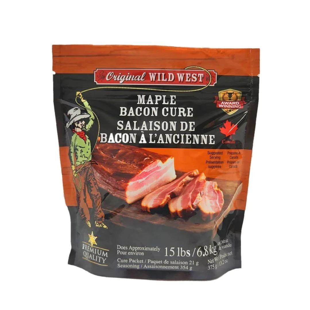 Original Wild West maple bacon cure seasoning packet with sliced bacon on package
