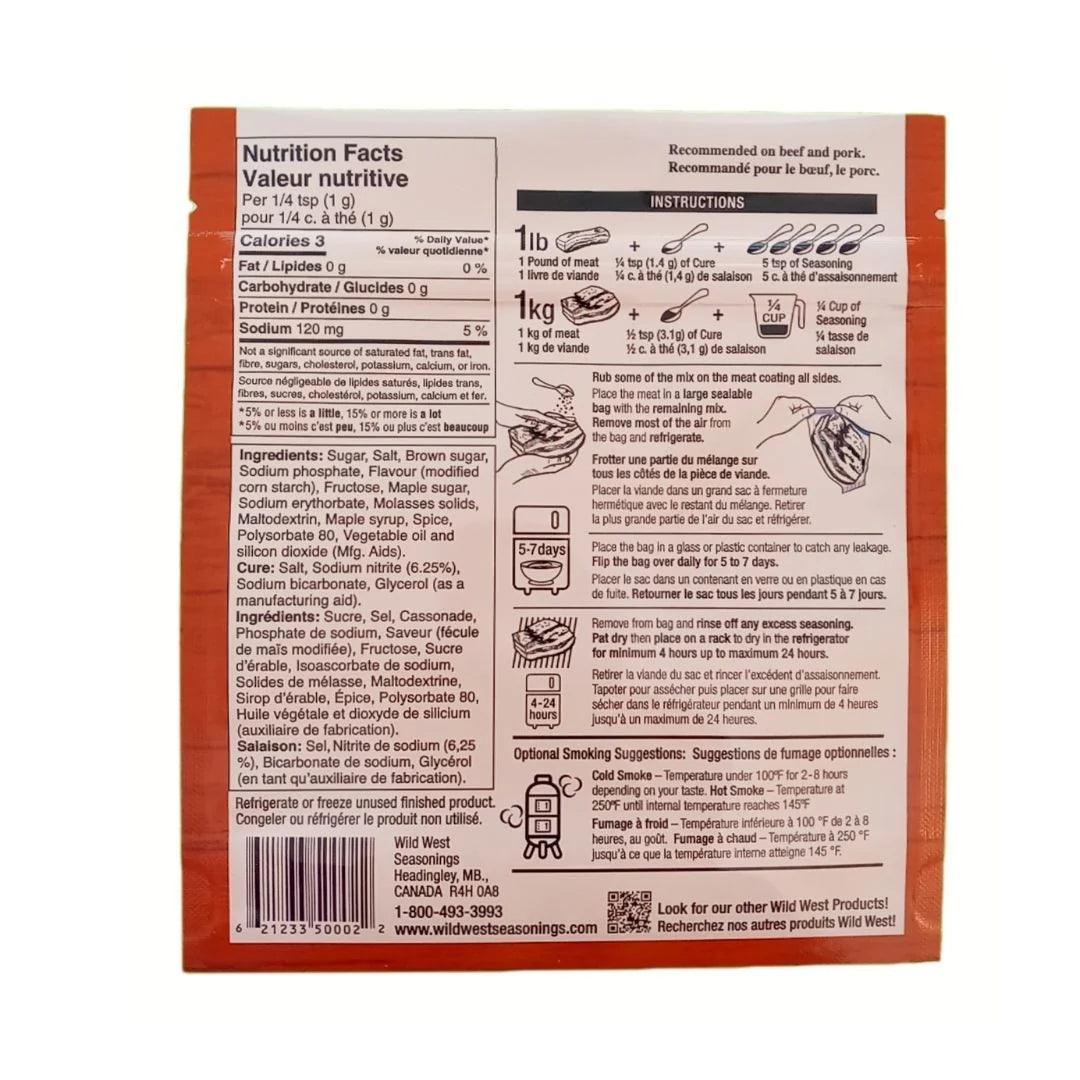 Back of Maple Bacon Cure package with nutrition facts, ingredients, instructions, and barcode.