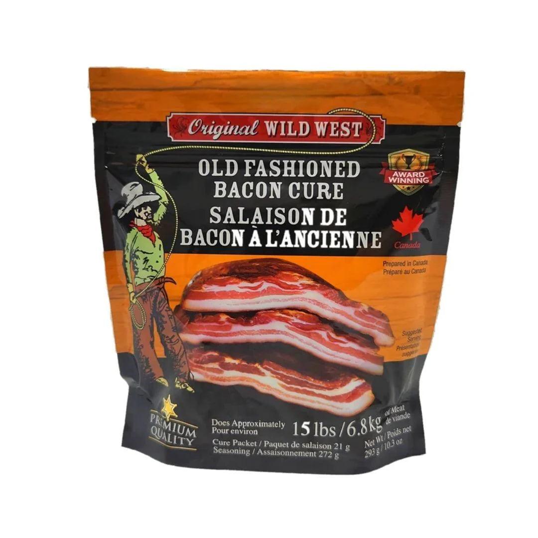Old Fashioned Bacon Cure Wild West packaging with bacon slices and cowboy illustration