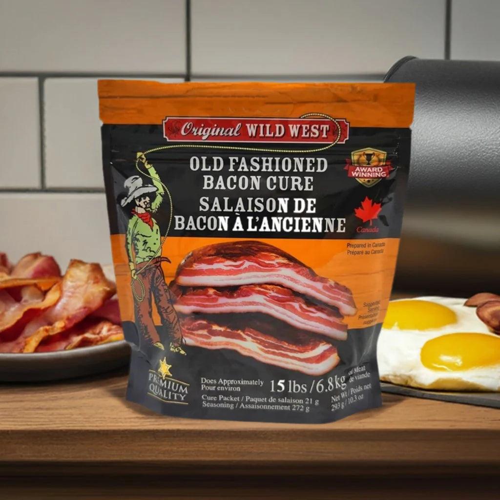 Old Fashioned Bacon Cure package on kitchen counter with cooked bacon and eggs