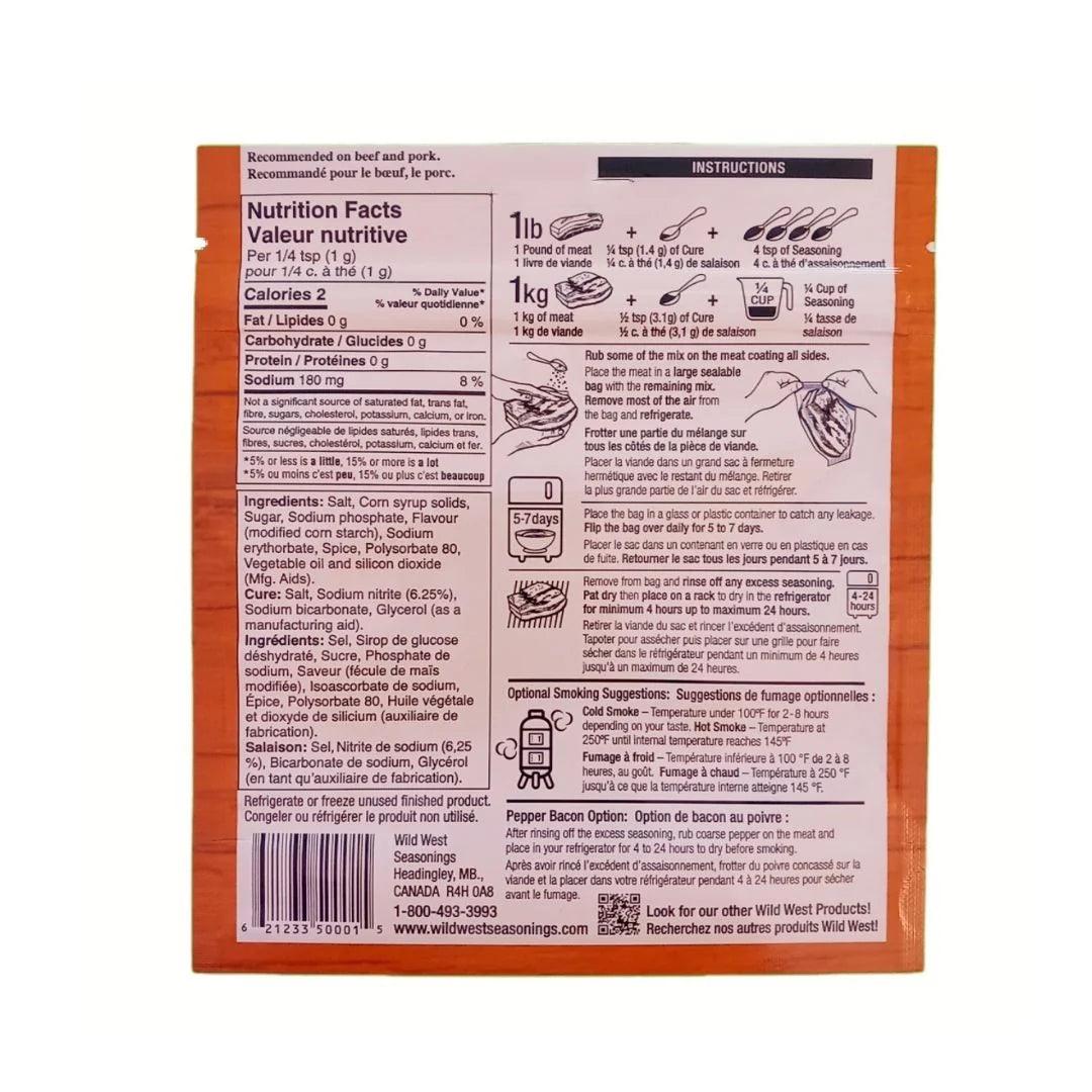 Back of Old Fashioned Bacon Cure seasoning packet with nutrition facts and curing instructions.