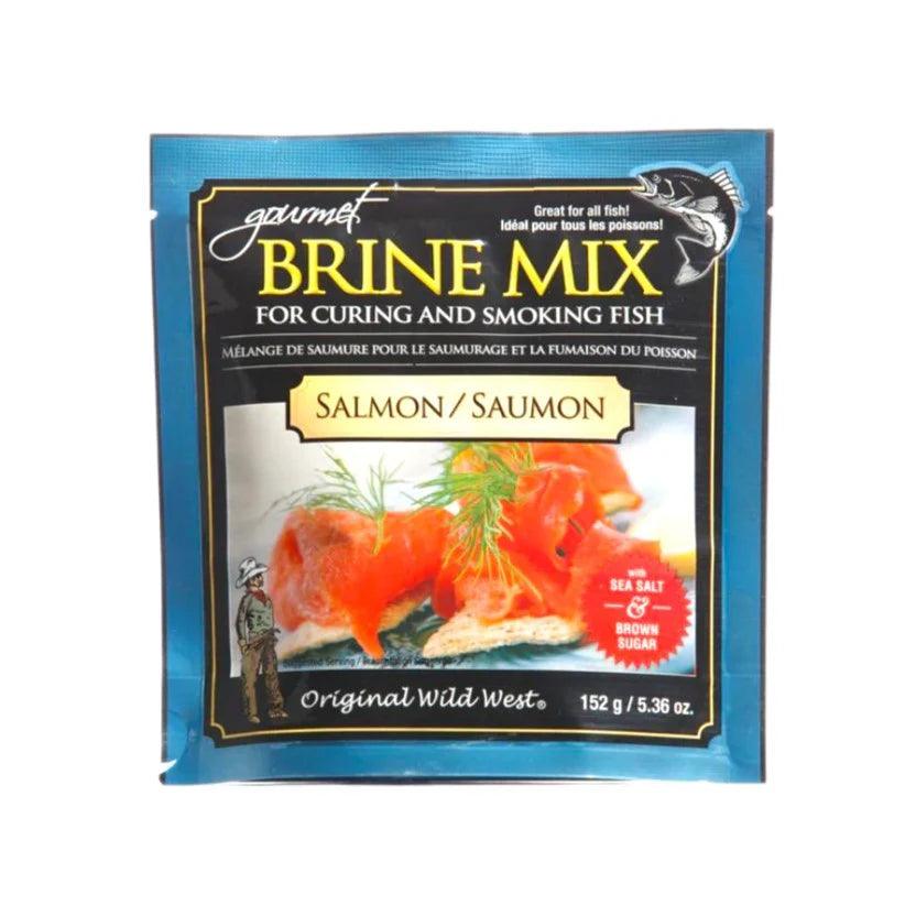 Gourmet brine mix for curing and smoking salmon, featuring sea salt and brown sugar.