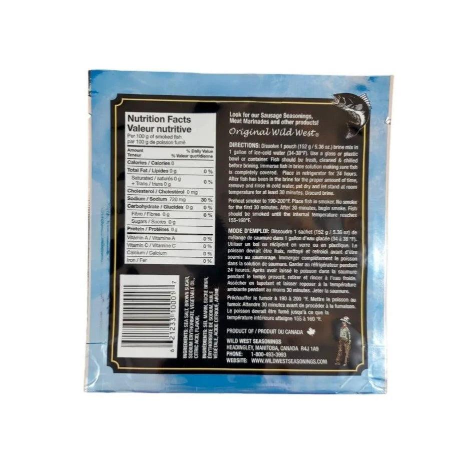 Back of Wild West salmon fish brine seasoning packet with nutrition facts and directions.