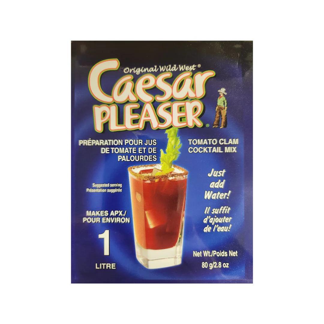 Caesar Pleaser tomato clam cocktail mix 1 litre packaging with a glass of Caesar drink