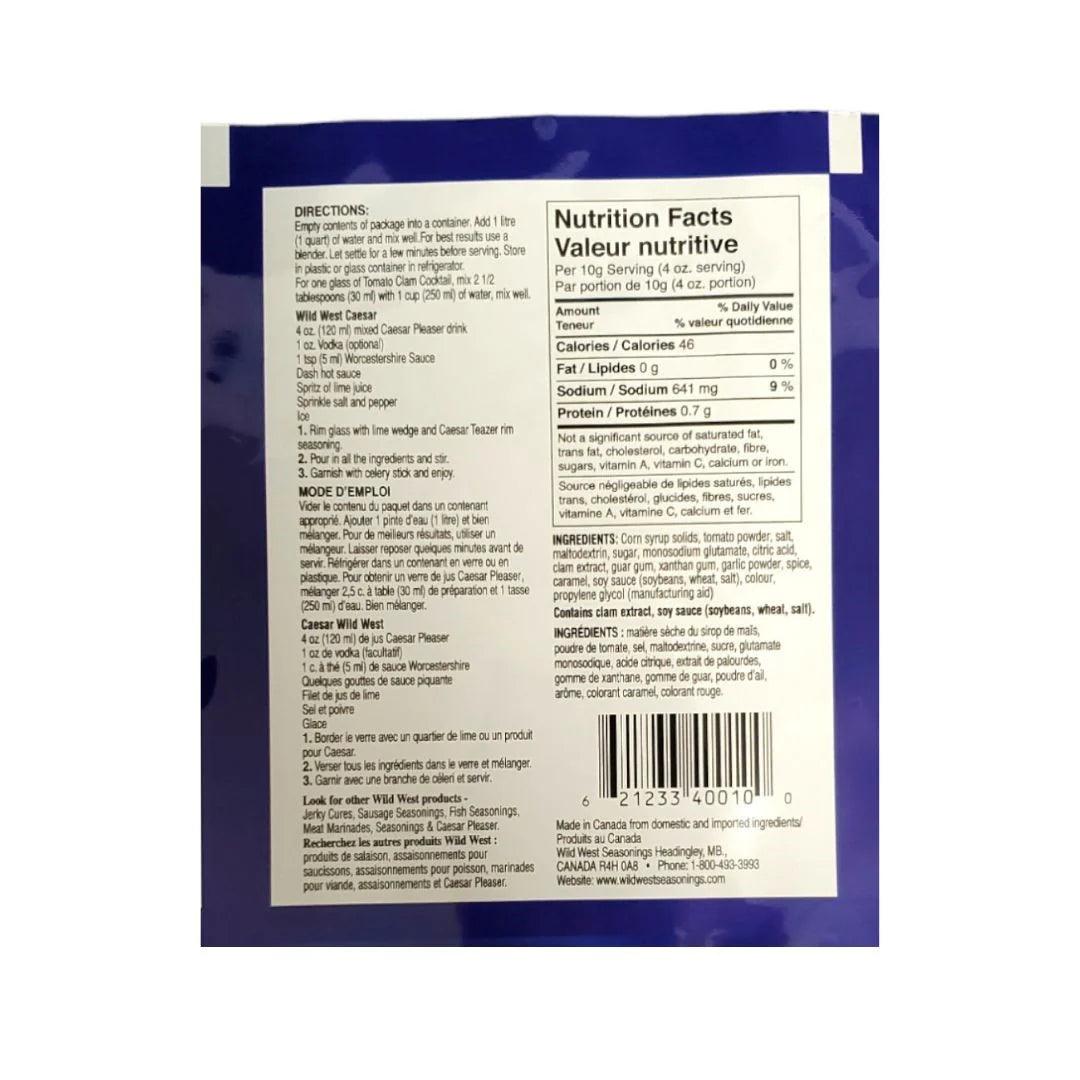 Back of Caesar Pleaser drink mix packet showing nutrition facts, directions, and ingredients.
