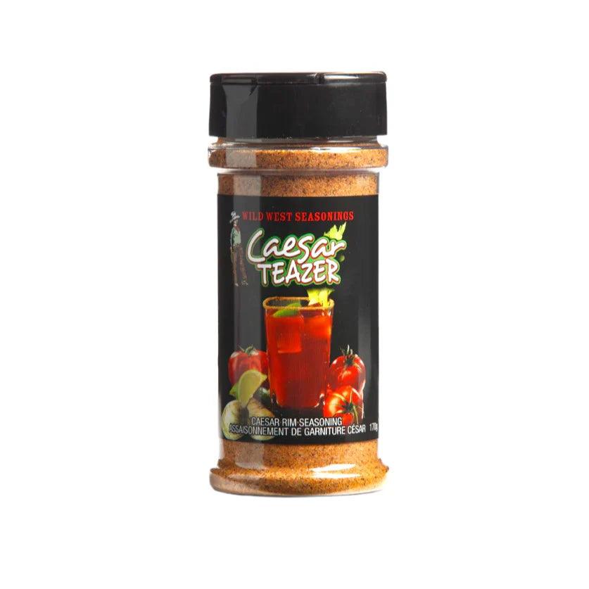 Caesar Teazer Caesar rim seasoning bottle with tomatoes and lime on black label
