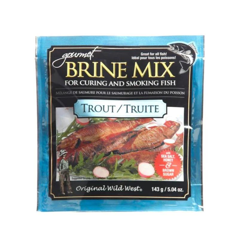 Gourmet brine mix packet for curing and smoking trout, with image of smoked trout and herbs.