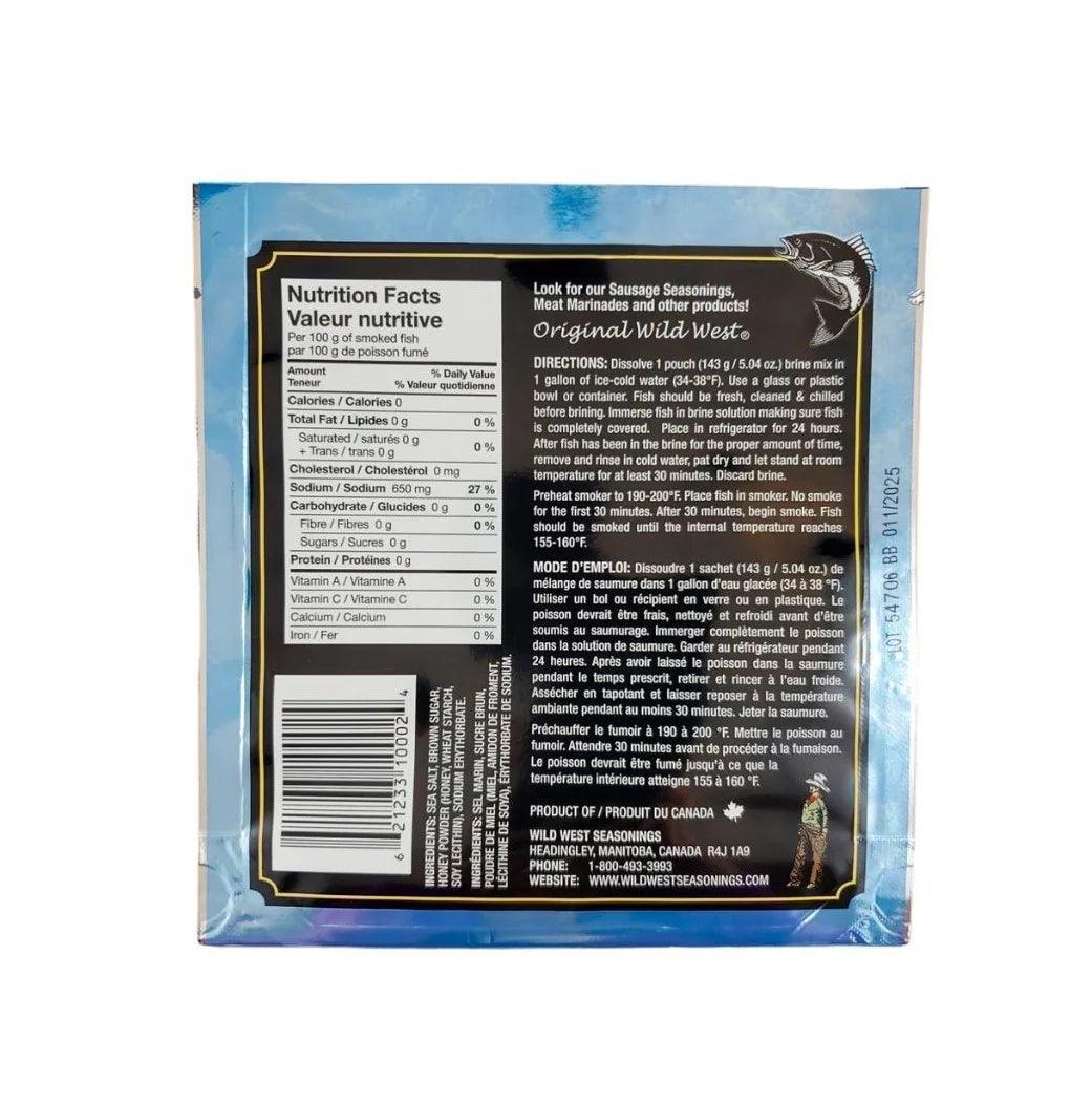 Back of trout fish brine mix package with nutrition facts and usage directions visible.