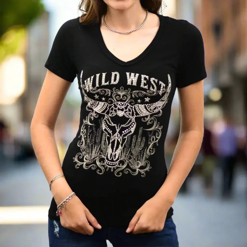 Woman wearing black Wild West V-neck tee with steerhead and cacti graphic design