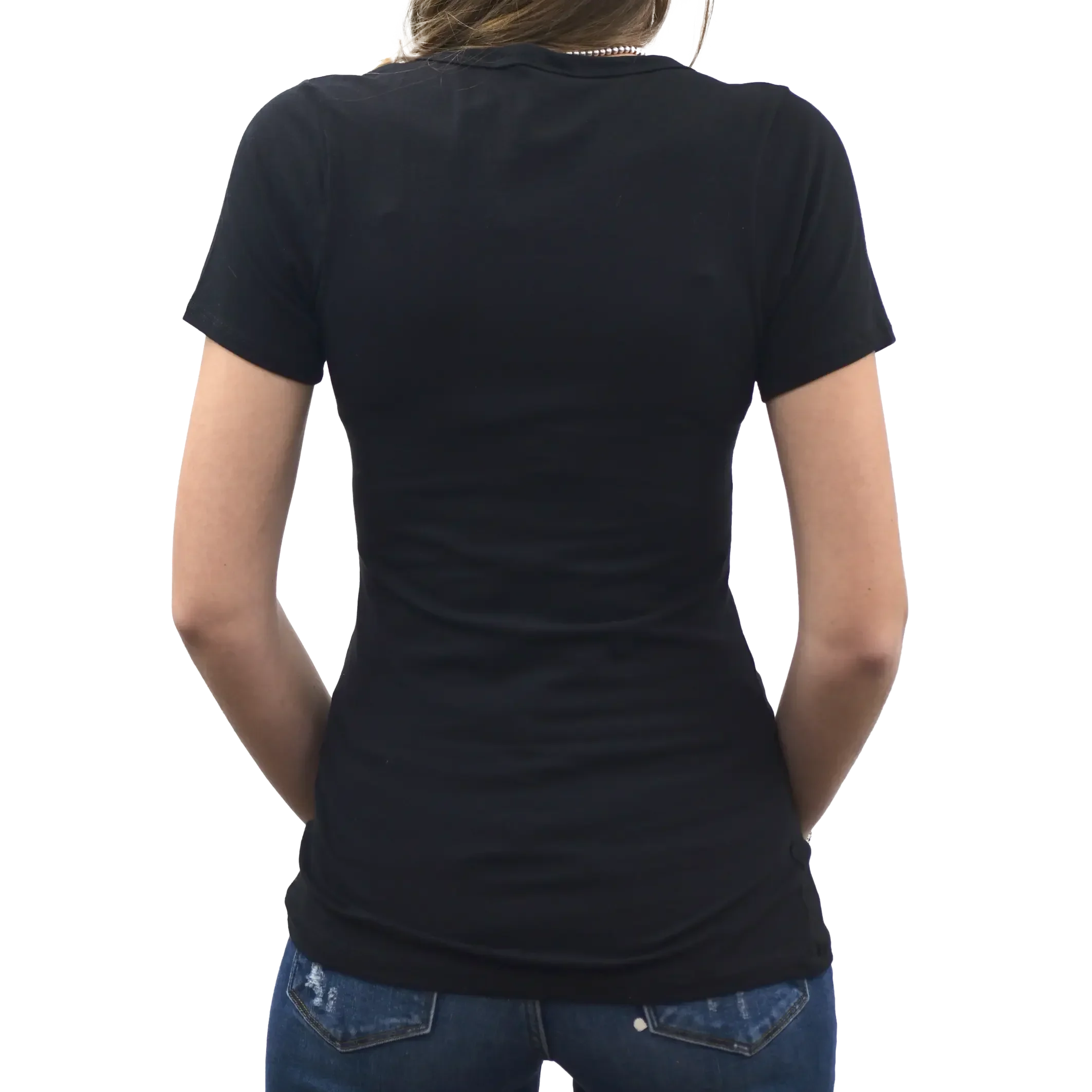 Back view of woman wearing plain black V-neck T-shirt and blue jeans