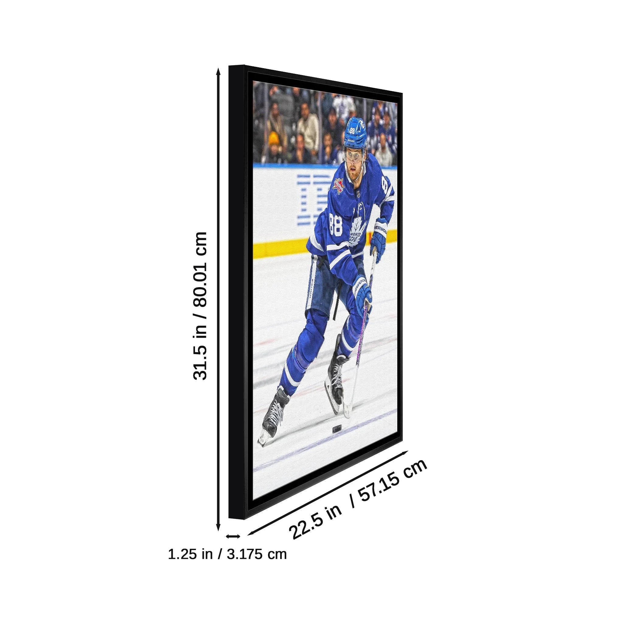 Framed Toronto Maple Leafs hockey player wall art, blue jersey, 31.5x22.5 inch dimensions